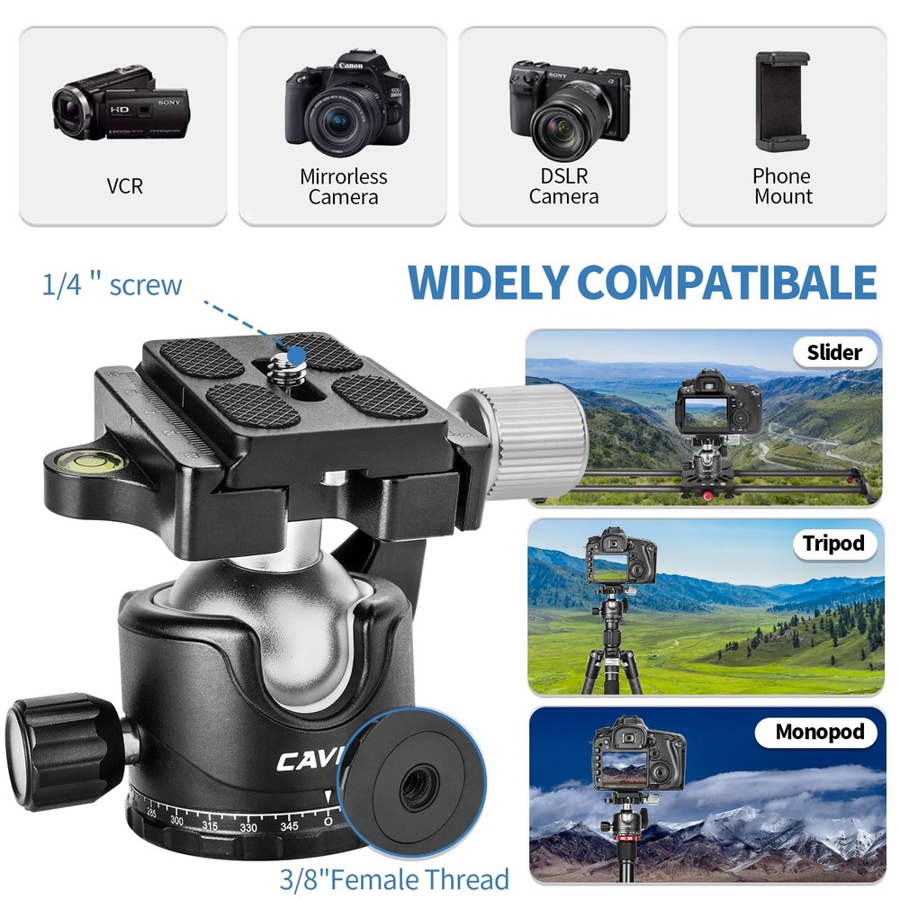 Ball Head Mount, CAVIX 36mm Camera Dia. 36mm, Black&Silver