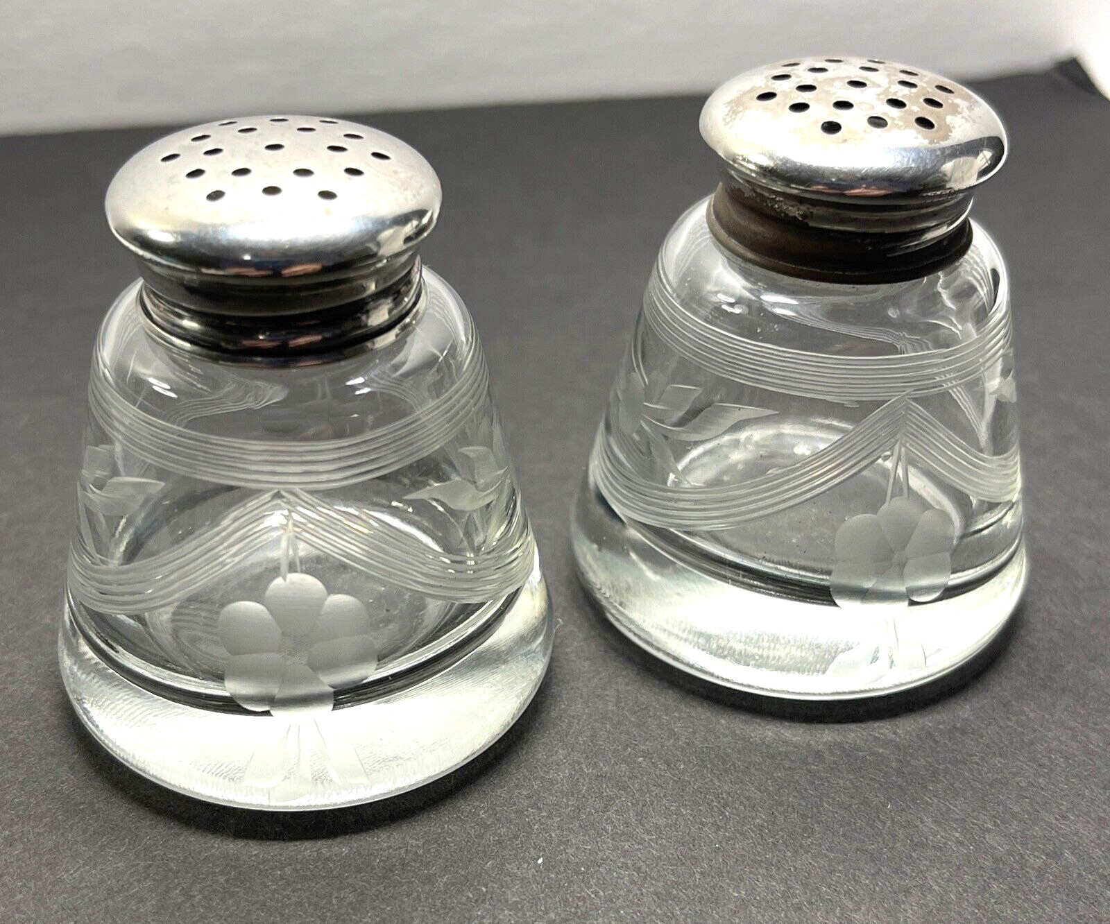 Etched Hand-Blown Glass Salt & Pepper Shaker Set Sterling Silver Tops - Vintage