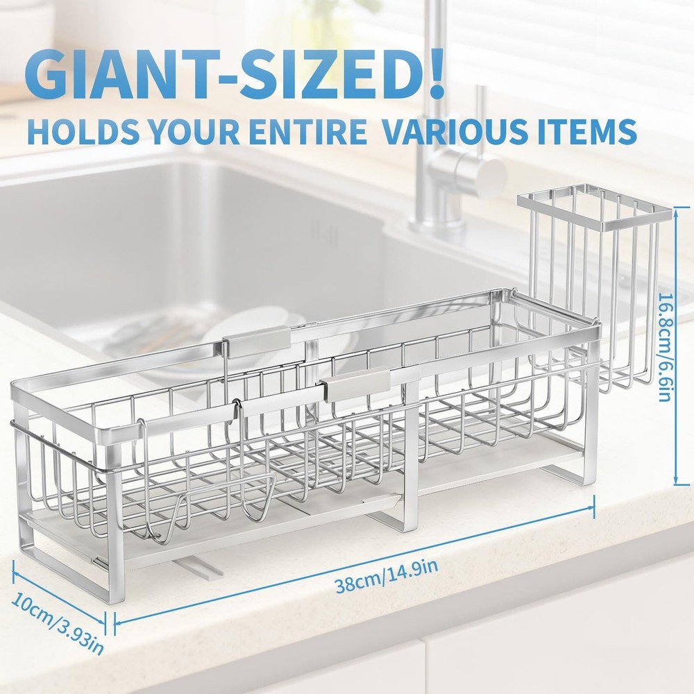 Aurblozen Extra Large Extendable Sponge Holder for Kitchen Sink, Rustproof Si...
