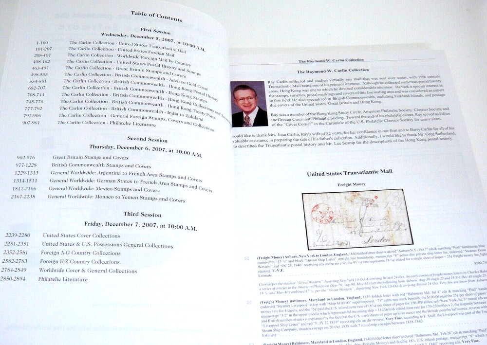 Schuyler Rumsey Stamp Auction Catalog 2007 Carlin Collection Transatlantic Mail