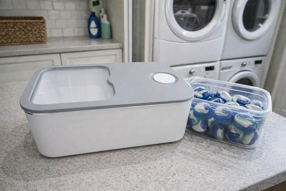 Modern Laundry Pod Storage Container W/ Locking Lid & Clear Window Laundry Room