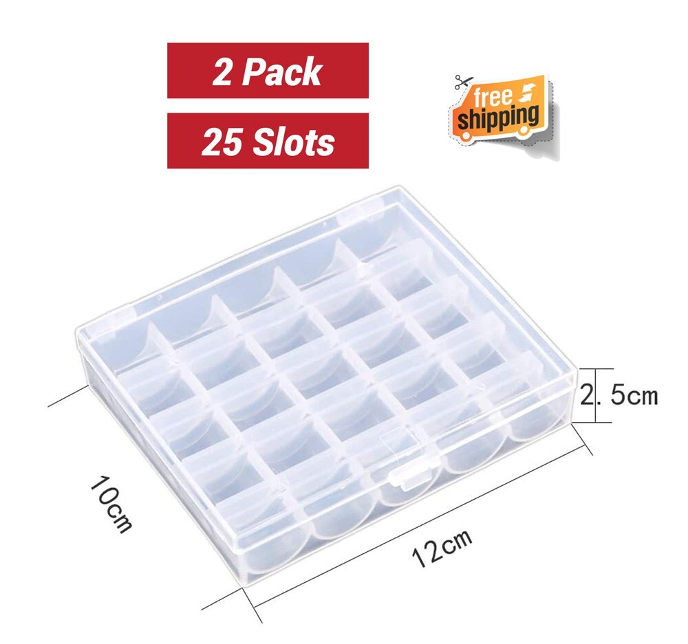 2 Pack 25 Slots Empty Bobbins Spools Box, Sewing Craft Plastic Case Storage Box