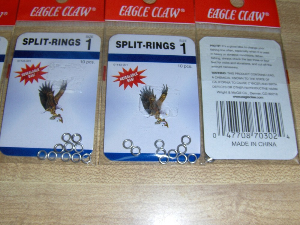 7 Packs Eagle Claw 01143 Split Rings Nickel Size 1, 2, or 3. 10 per Pack