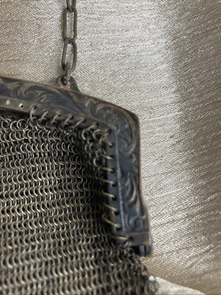 Antique German Silver Mesh Evening Bag W Intricate Scrollwork