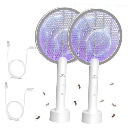 Bug Zapper Racket, 2 in 1 Electric Fly Zapper USB Rechargeable, White-2Pcs