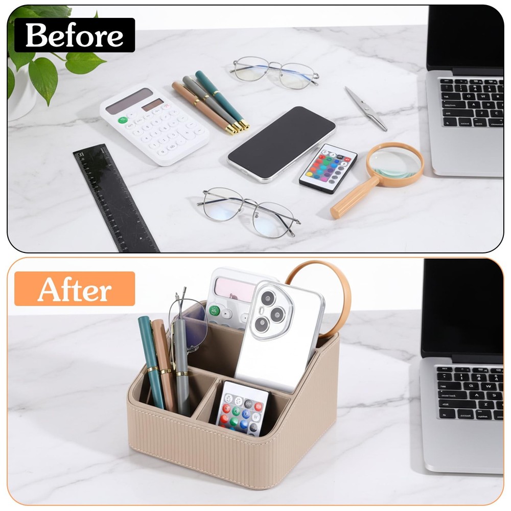 Kenaeeooe Remote Control Holder, Small Desk Organizer with 4 Compartments, Pu...