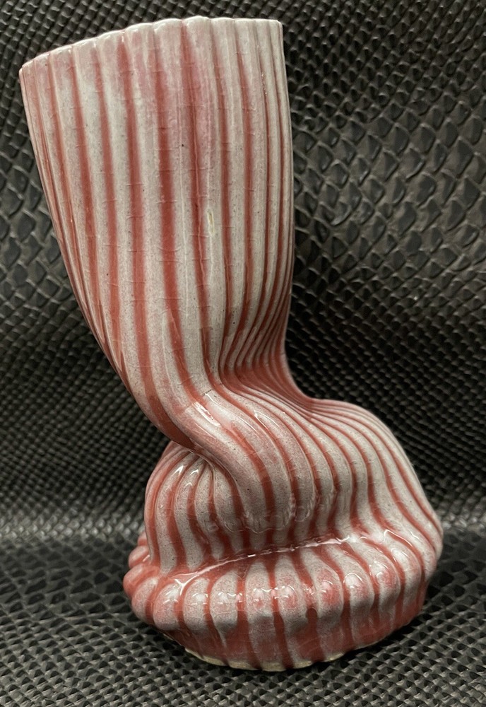 VTG Modernist Free Form Ruby Candy Stripe Glazed Ceramic Vase Signed 6" Tall