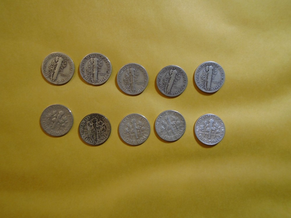 10 SILVER DIMES ASSORTED, SILVER COINS ( 10 SILVER DIMES ASST. ) FREE SHIP