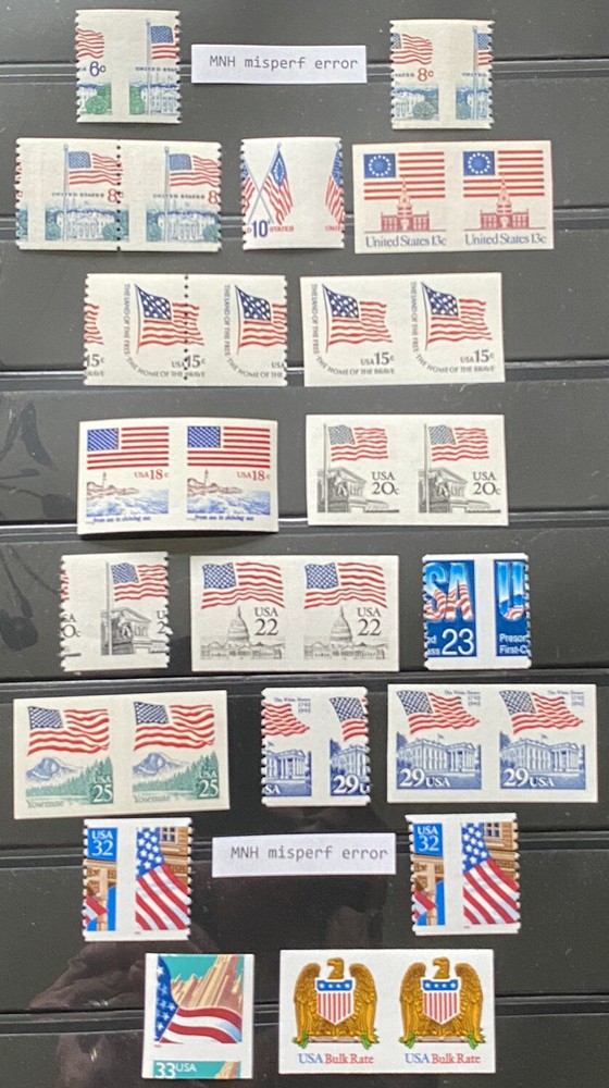 US POSTAGE MINT ERROR STAMPS-PATRIOTIC FLAGS-MISPERFS & MISSING PERF PAIRS-MNH
