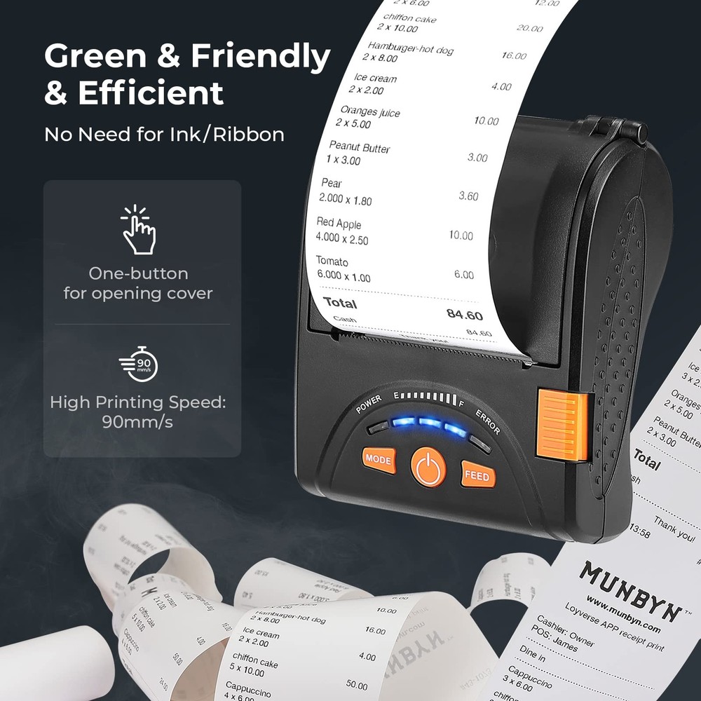 MUNBYN Bluetooth Receipt Printer, 58mm Mini Wireless POS Thermal Printer for ...