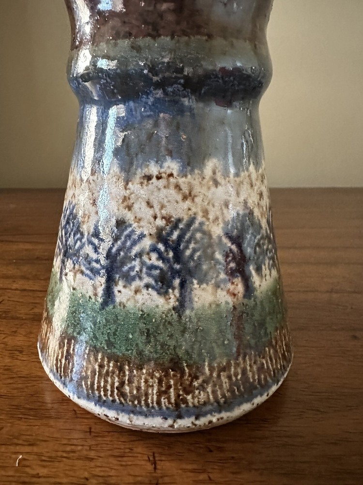 Glazed Ceramic Pitcher, Signed Sanders, 6” Tree Design