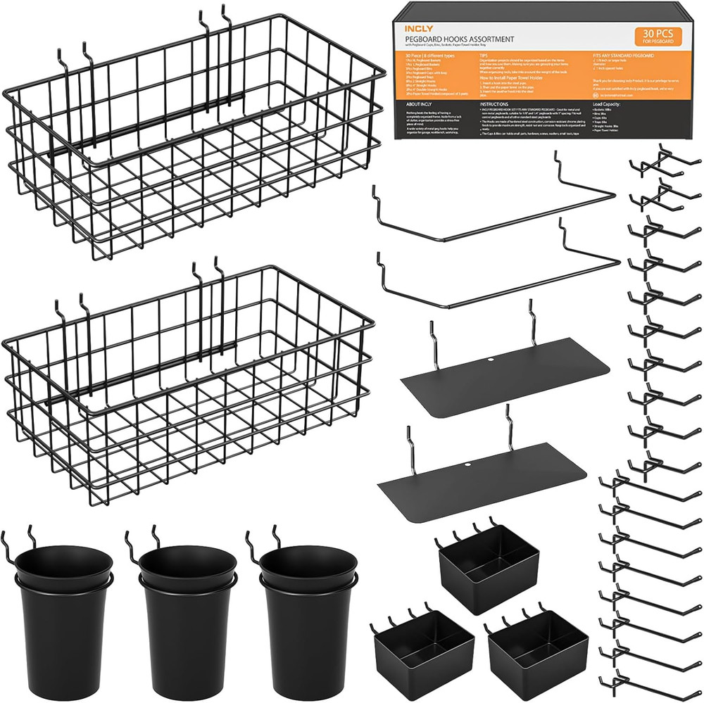 30PCS Peg Board Organizer Accessories Kit, Pegboard Hooks Assortment with Bins,