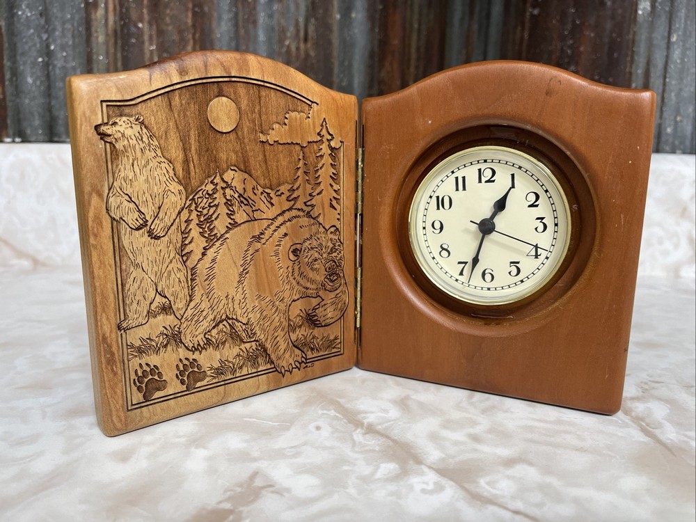 Wooden Table Top Engraved Bears Outdoor Scene Clock *Read Description*
