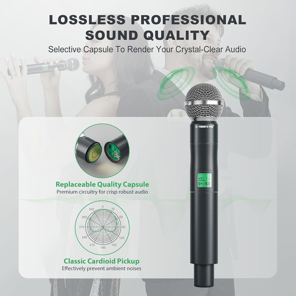 Phenyx Pro Wireless Microphone System, 4-Channel UHF Wireless Mic, Fixed Frequen