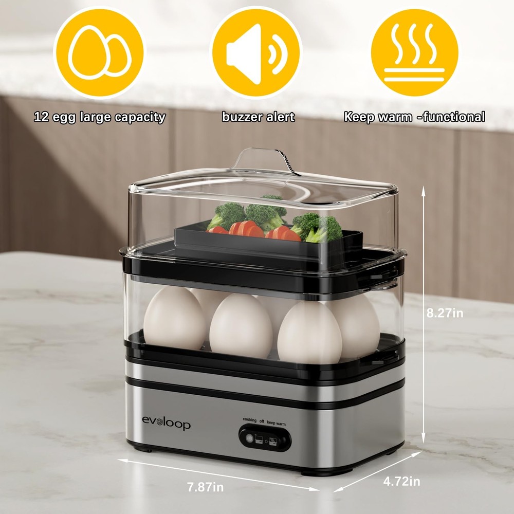Evoloop Rapid Egg Cooker Electric 12 Eggs Capacity, Soft, 5*7*8, Silver