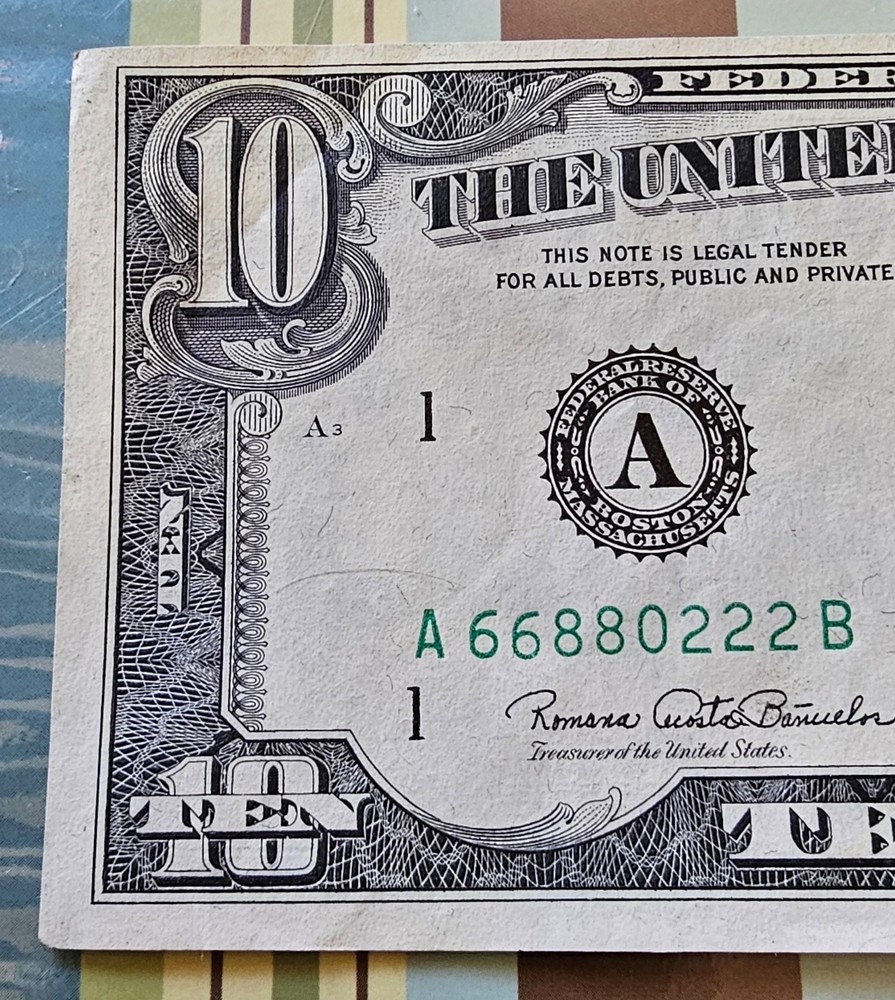 $10 bill 1969c off center front and back with seal misalignment error