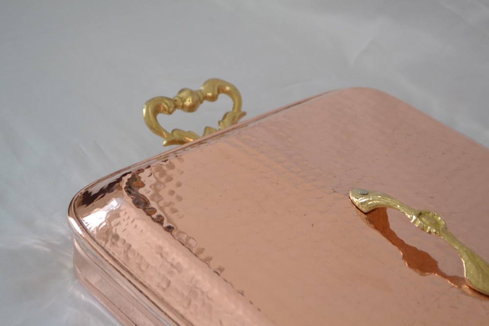 Copper Rectangular Hammered Serving Pot with Brass Handles and Lid Roaster Pan