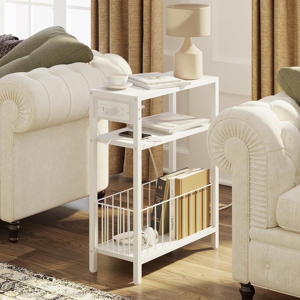 Narrow Side Table W/ Charging Station Small End Table Small Spaces Slim