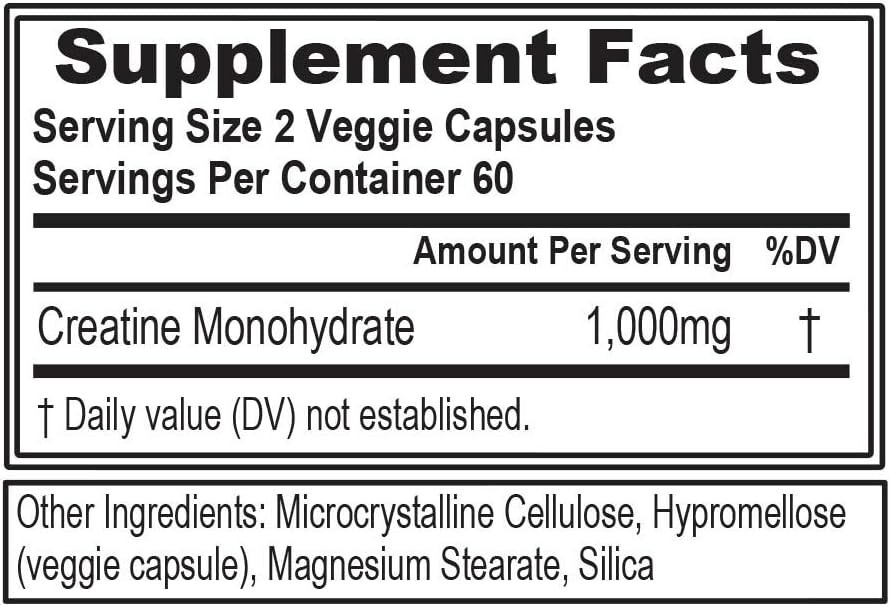 Evlution Pure Creatine Monohydrate Capsules 1000mg Pre and Post Workout