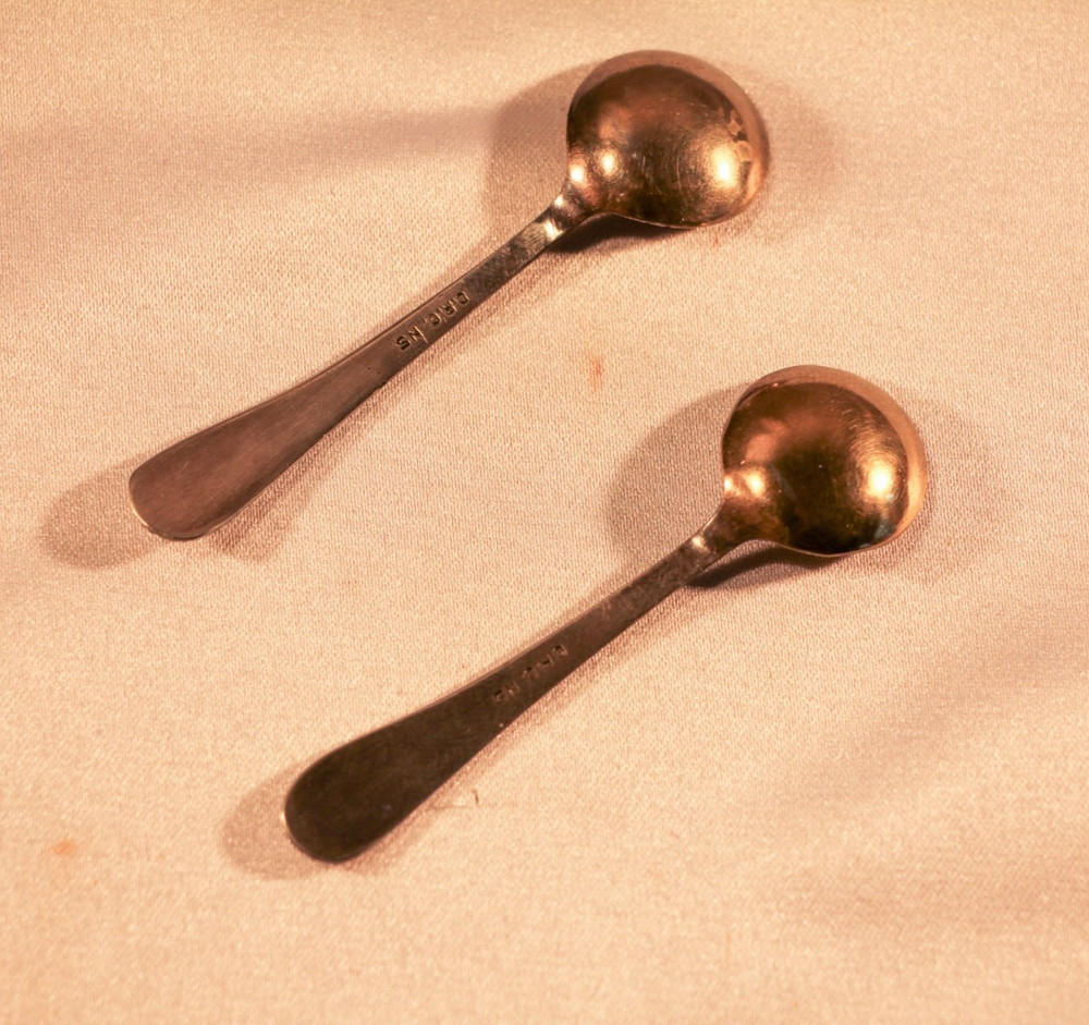 Two CRC nickel silver salt cellar spoons