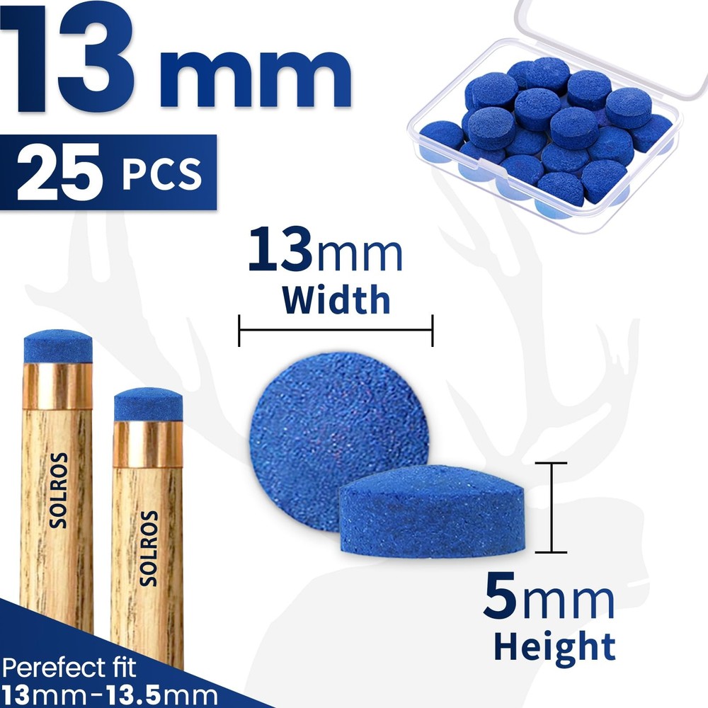 25 Pcs 13mm Billiard Pool Cue Tips Replacement with Glue and Storage Box