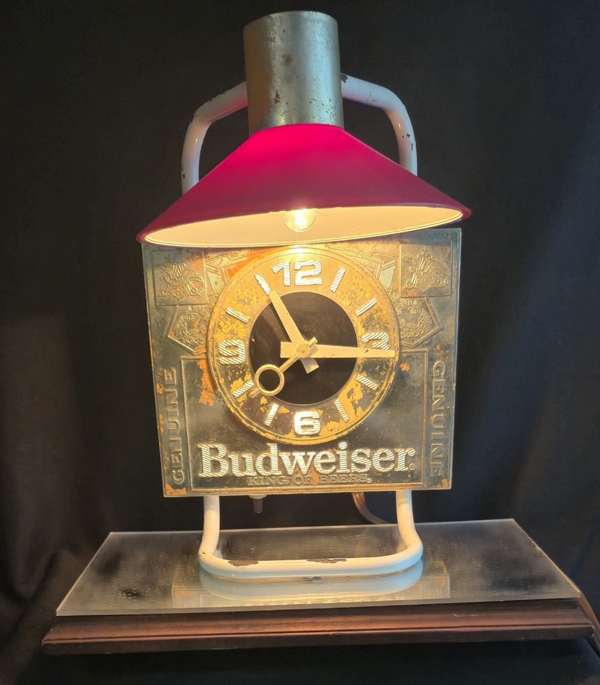 Vtg Budweiser Lantern Style Light & Clock Plastic Case Wood Base Acrylic Mirror