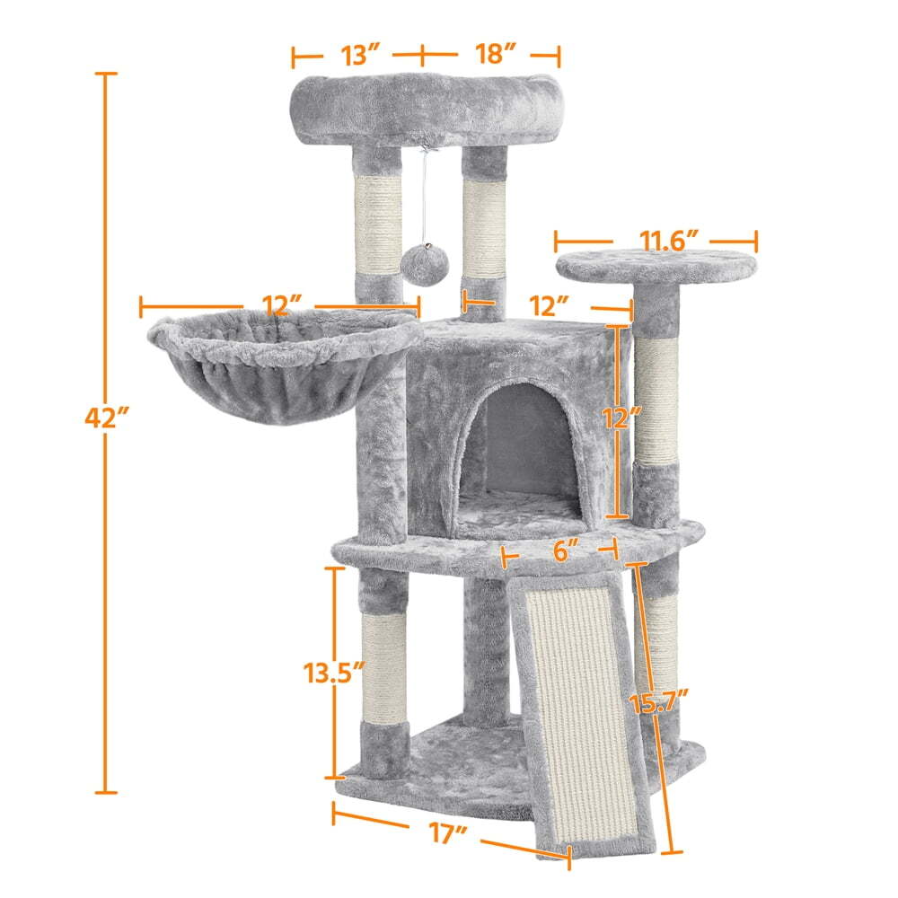 42"H Multilevel Cat Tree Tower with Condo and Perches, Light Gray