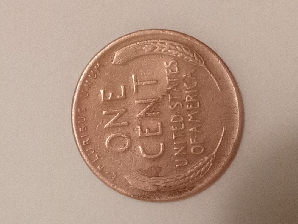 1951 d wheat penny, red, #3, die crack error, quantity=1