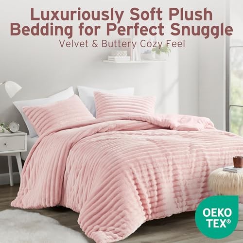 Queen Comforter Set, Cozy Plush Bedding, Microfiber Reverse, 3 Full/Queen Pink