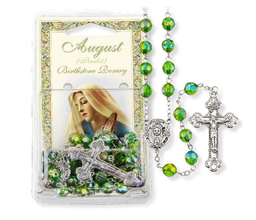 August Peridot Birthstone Rosary, Acrylic Aurora Borealis Beads, 22.5", Italy