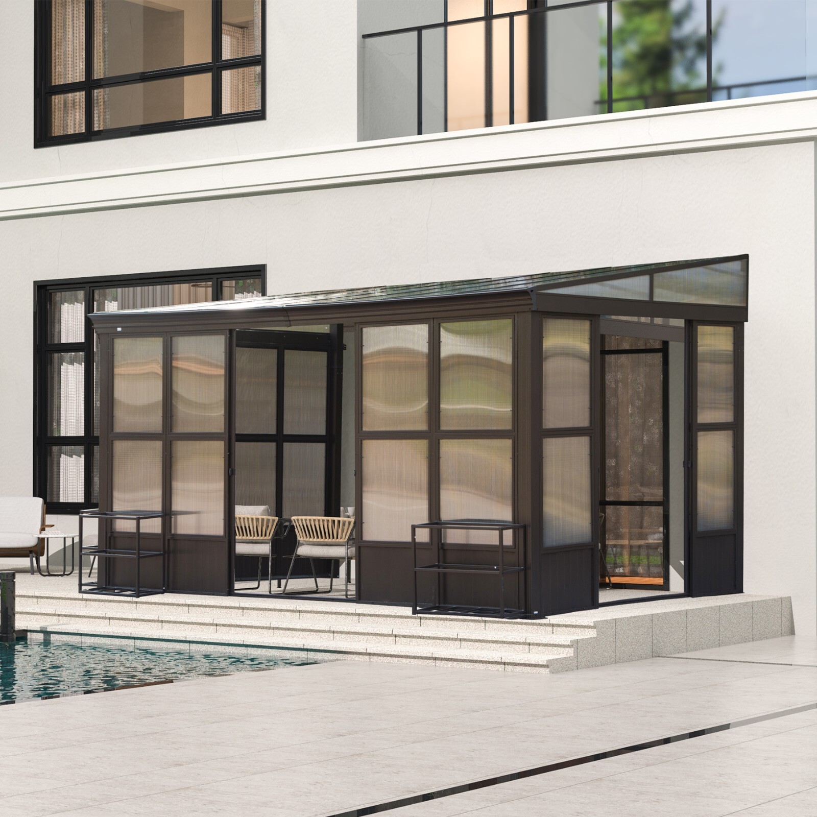 Domi 10x14FT Wall Mounted Sunroom with PC Roof and Lockable Sliding Doors