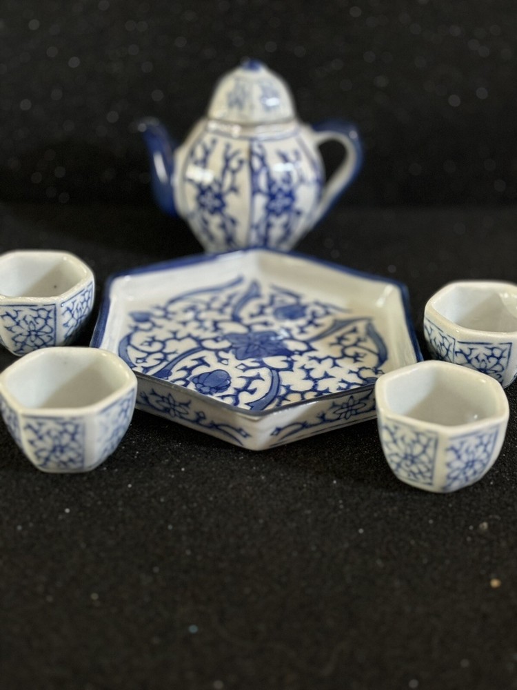 Mini Tea Coffee Set Asian Style Blue White Hexagon
