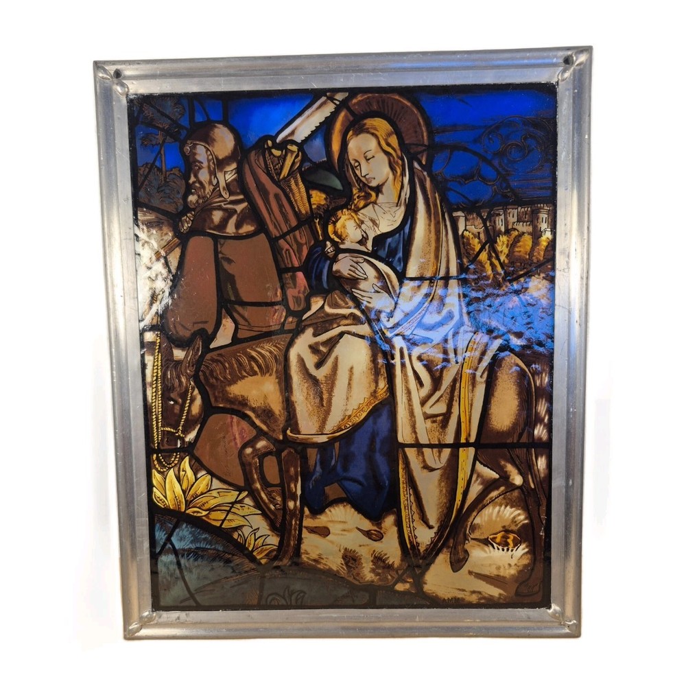 Hand Painted Flight Into Egypt Stained Glass Window Suncatcher Panel Lead Frame