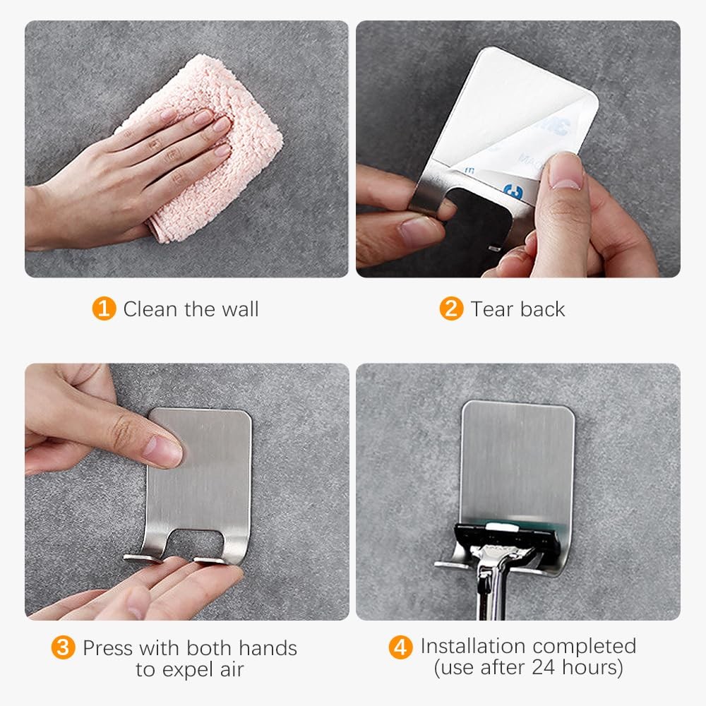 2-Pack Razor Holder For Shower + Adhesive Wall Hooks, 304 Silver