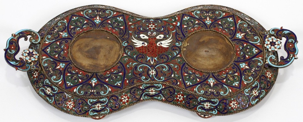 RUSSIAN KOKOSHNIK ENAMELED SILVER TRAY & CORDIALS