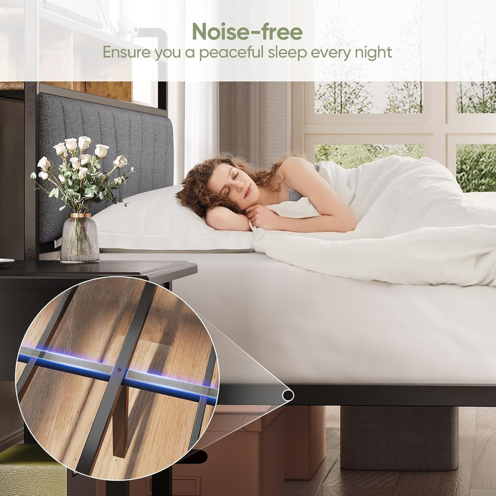 Queen Bed Frames with Headboard, LED Lights Queen Size Bed Frame with Charging S