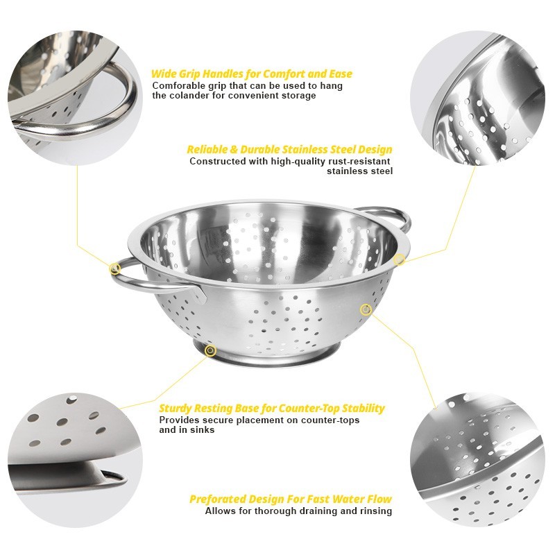 tastyWay Colander Polished Stainless Steel Micro-Perforated Strainer for Kitchen