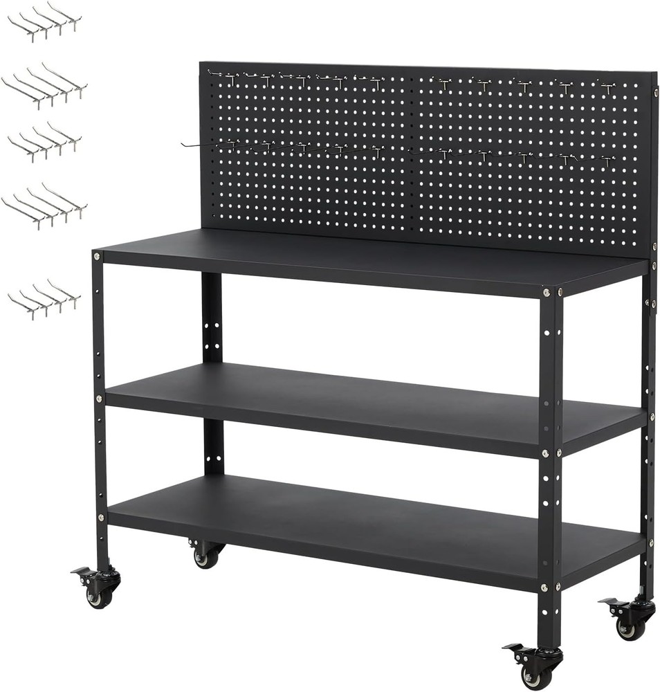 Metal Tool Work Table Adjustable Heavy Duty Bench Pegboard Garage Workstation