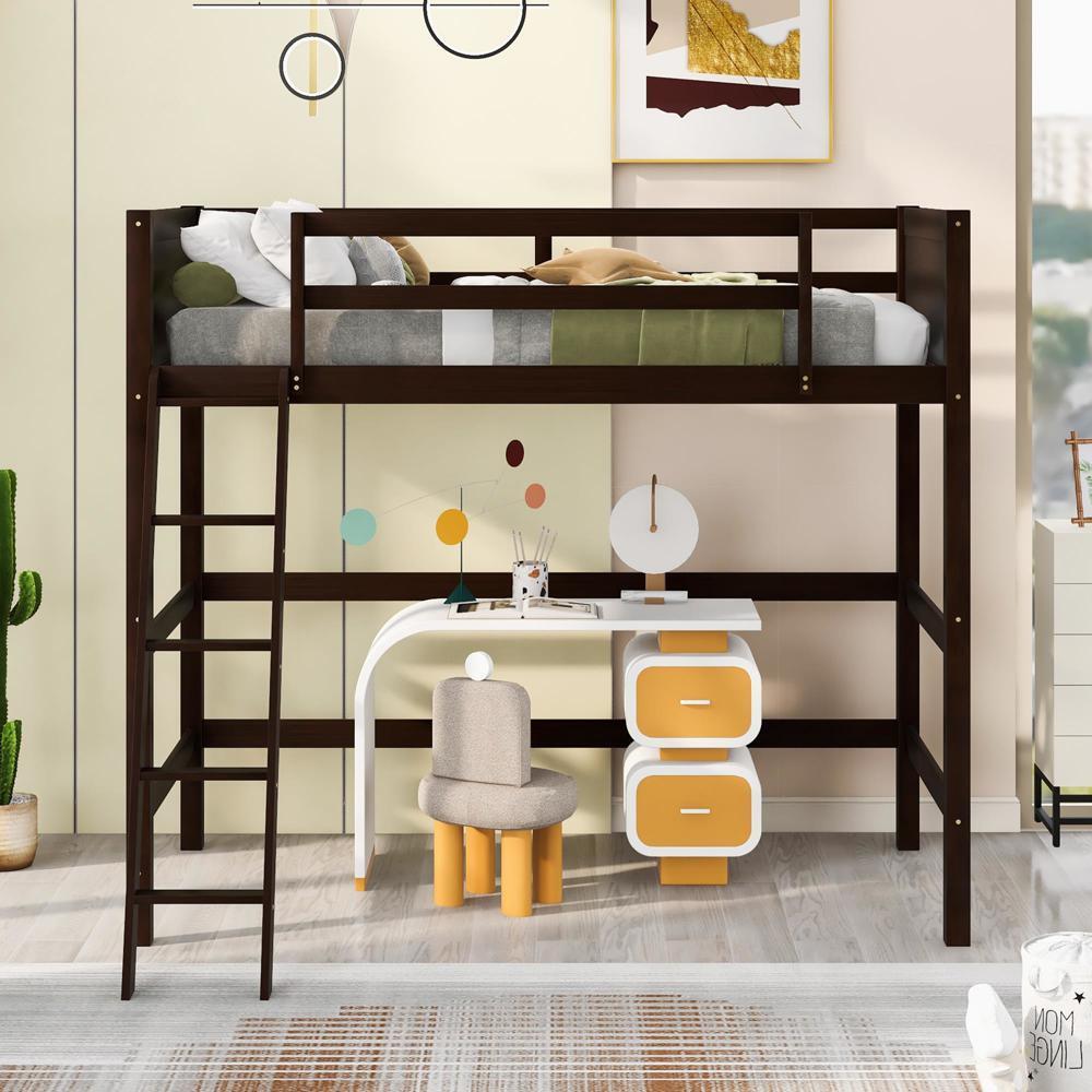 Twin Size Loft Bed with Ladder Solid Wood and Eight Supporting Slats