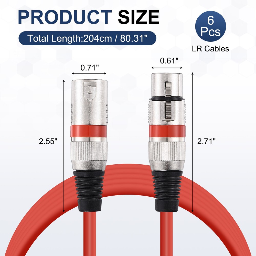 6 Pcs XLR Cables, 6.5 ft Microphone Cable for Live Recording Studios, Red