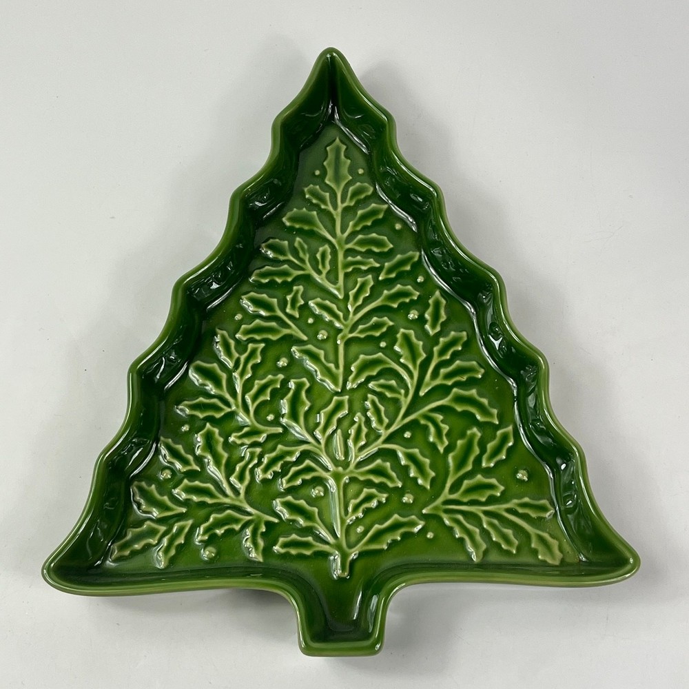 Hallmark Green Ceramic Christmas Tree Serving Tray Embossed Holly Leaf 10.5"