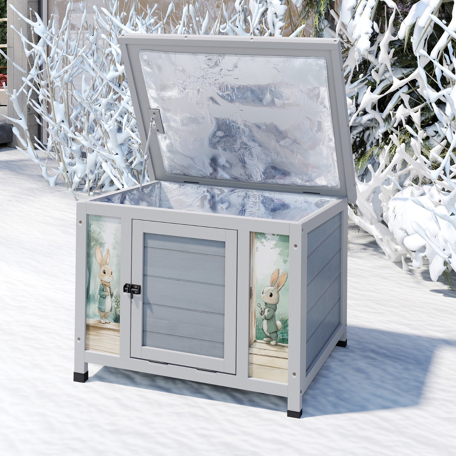 24'' Small Heated Cat House Outdoor Indoor, Insulated Rabbit Hutch w/ Warm Liner