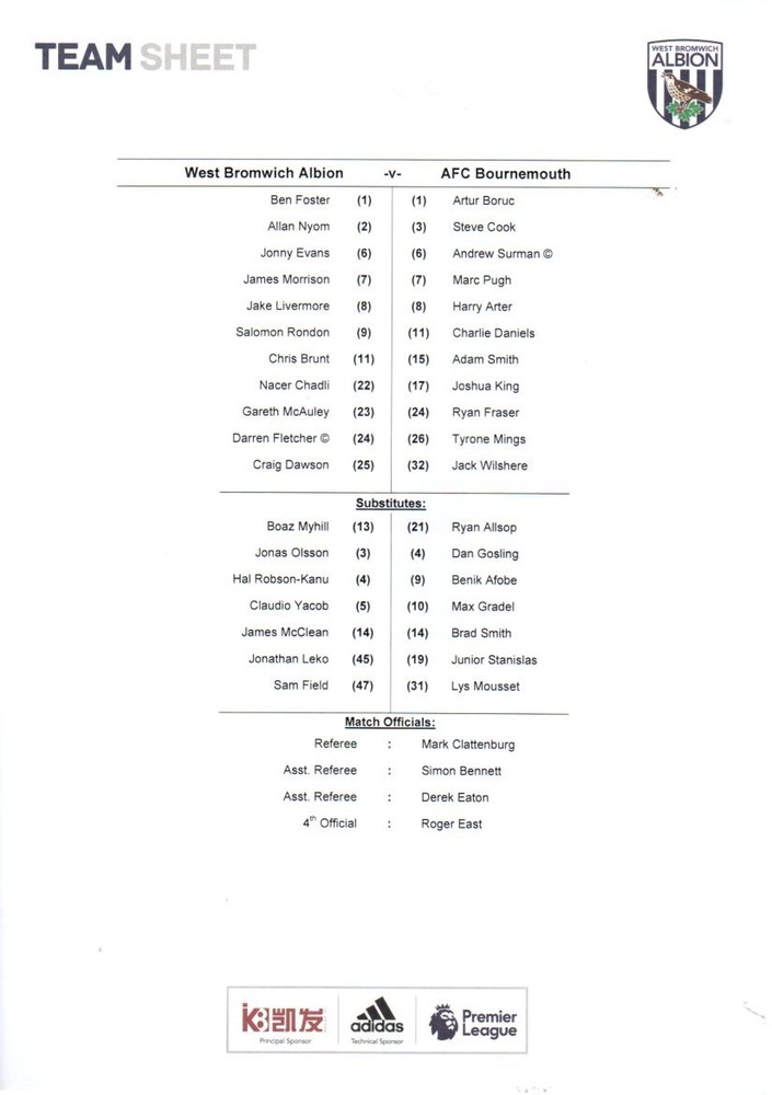 Team Sheet - West Brom v Bournemouth 2016-17
