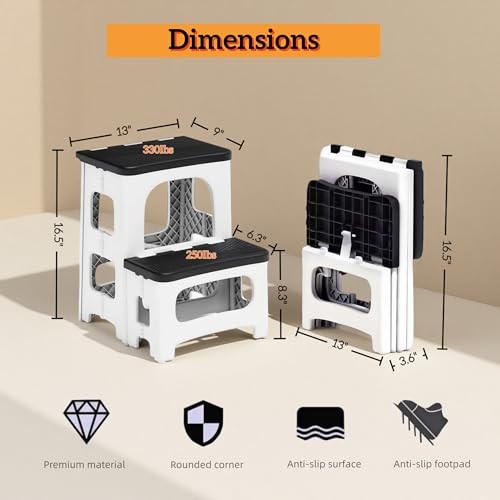 2 Step Stool Foldable, Non-Slip Steps, Folding Step Stool for Adults & White