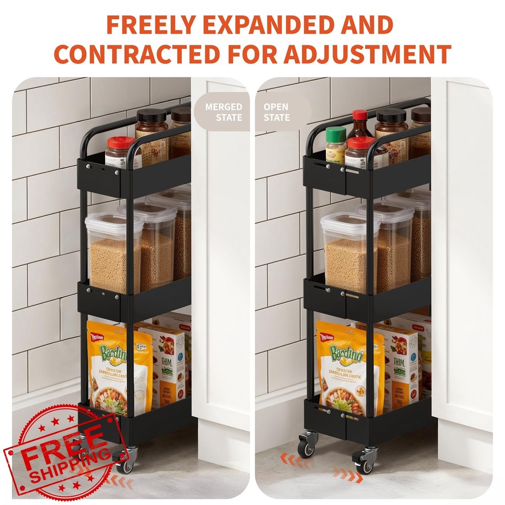 HOTEAGLE 3-Tier Black Rolling Cart, Adjustable Utility Storage