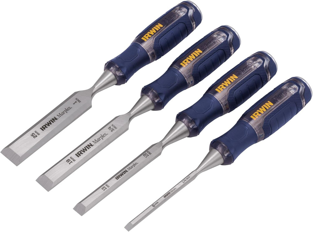 Chisel Set, Woodworking, 4-Pack, Extra-Long Strike Cap, Strong & Durable Steel C