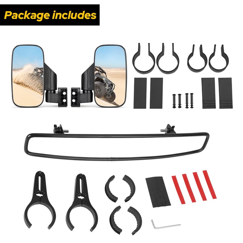 Universal UTV View Rear Mirror Side Center + Mirror Set Adjustable 1.75"-2"