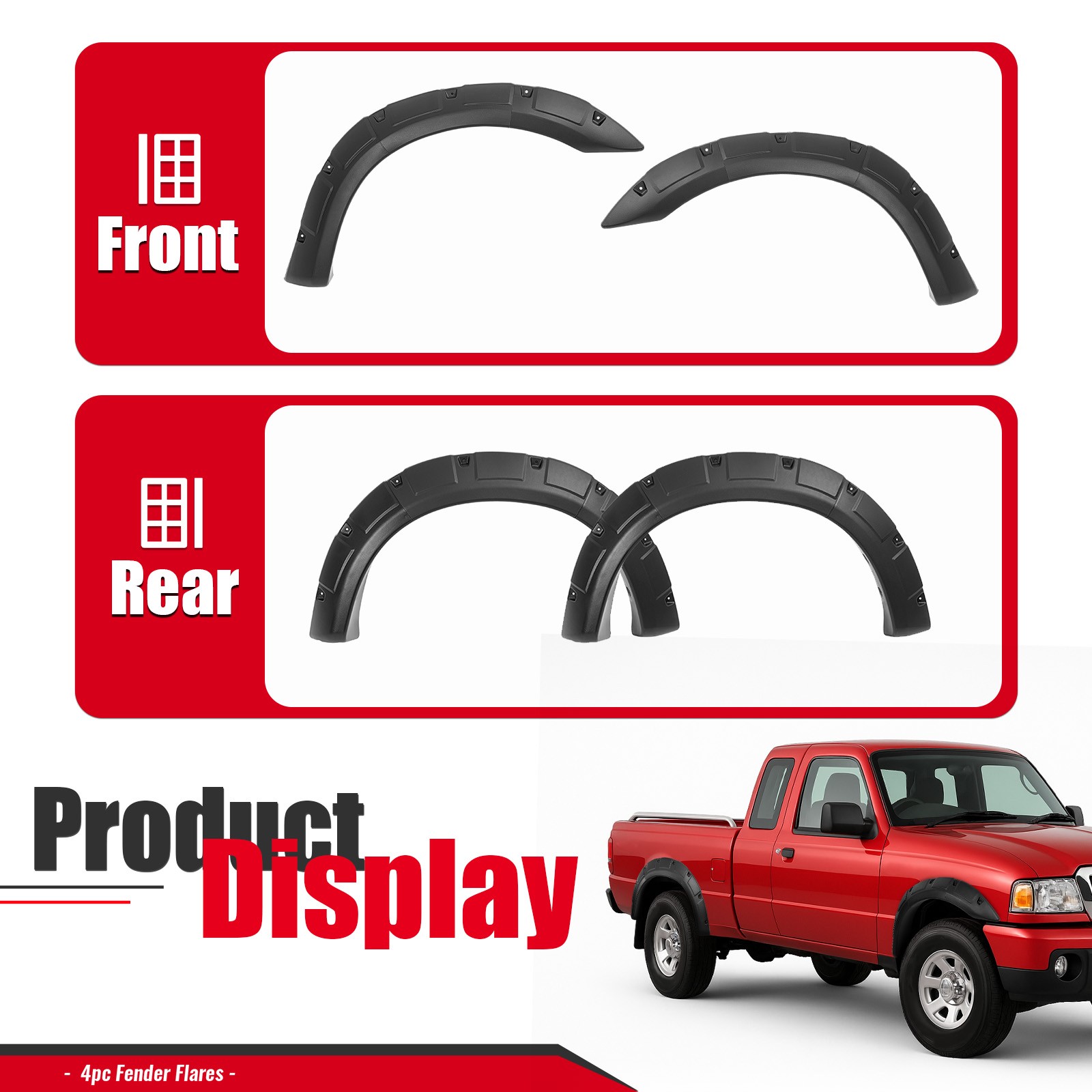 Fender Flare Kit For 1993-2011 Ford Ranger Pocket Rivet Bolt Textured Black