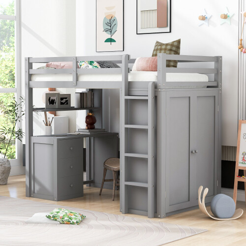 Solid Wood Loft Bed with Desk and Wardrobe Storage Cabinet Twin Size Bed Frames