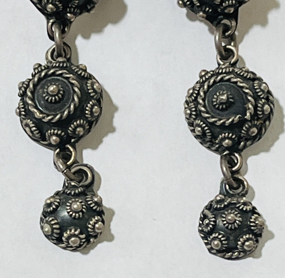 925 Triple Graduated Ball Scroll Work Earrings Post Mexico Sterling Signed 21gr